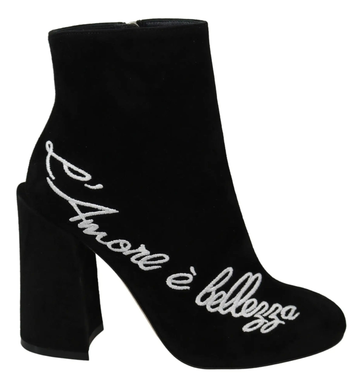 Bottines en velours noir dolce & gabbana avec broderie argent l’amore è bellezza en script élégante