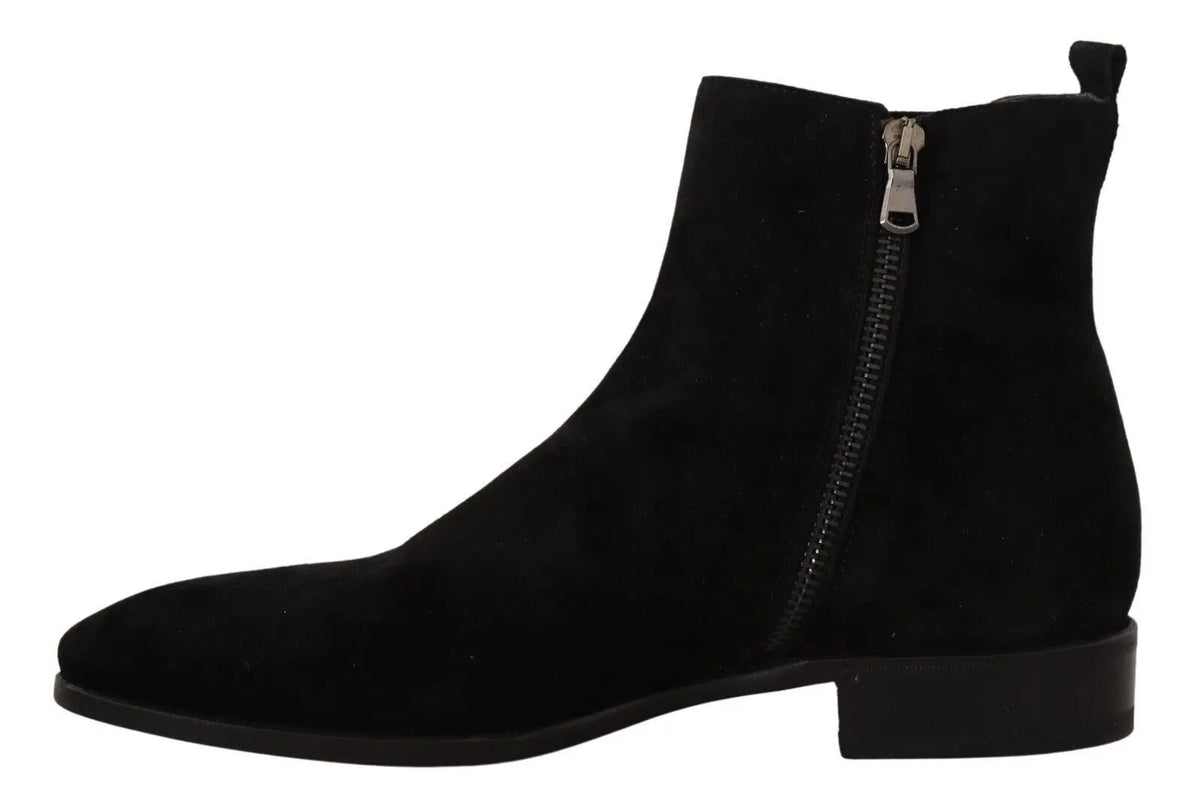 Bottines dolce gabbana pour homme en cuir suédé noir avec talon bloc bas et fermeture éclair argentée