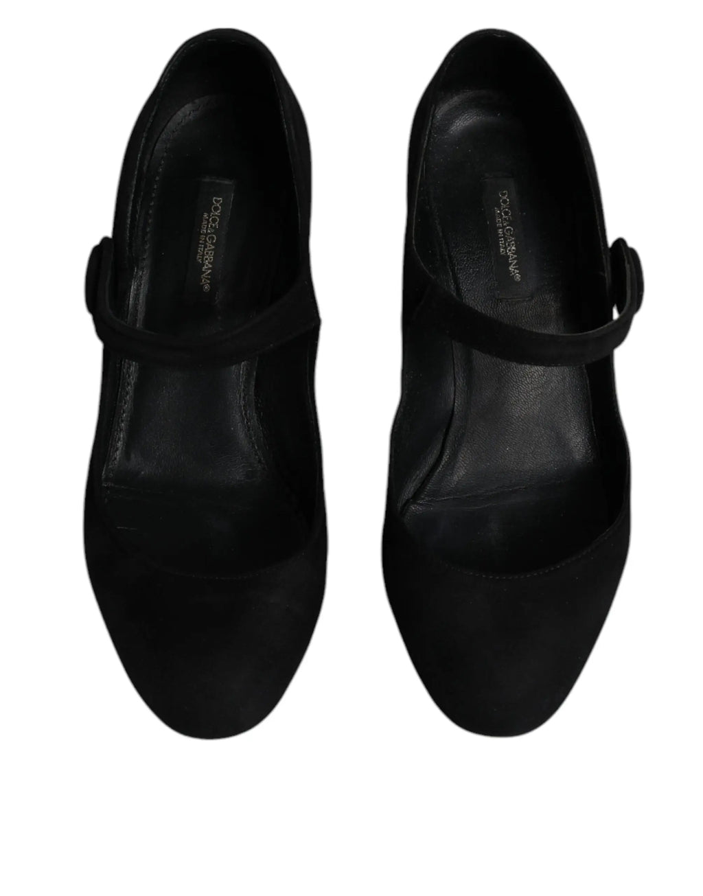 Dolce & gabbana mary jane noirs en cuir daim avec bride et talon bas montrant l’étiquette de la marque à l’intérieur
