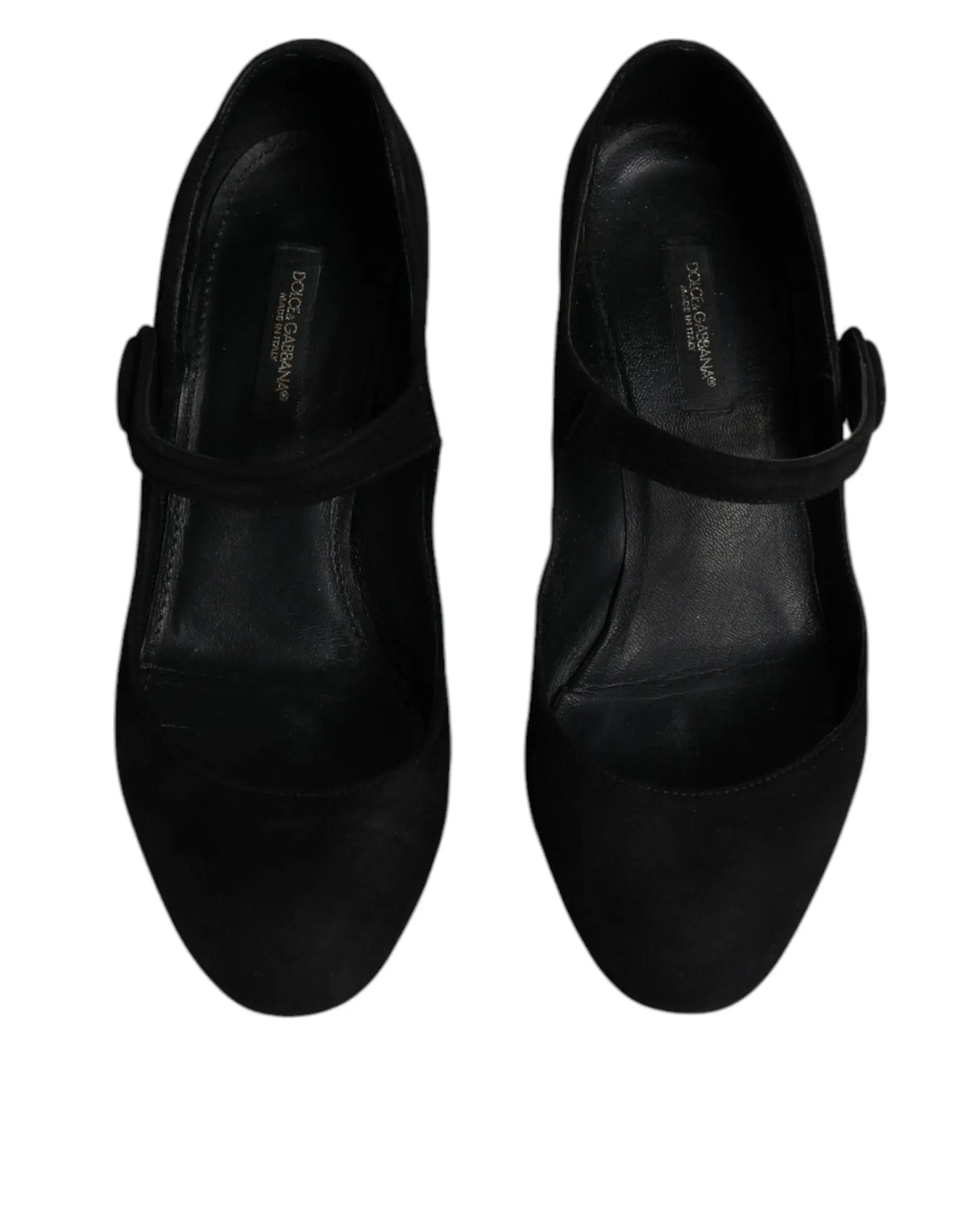 Dolce & gabbana mary jane noirs en cuir daim avec bride et talon bas montrant l’étiquette de la marque à l’intérieur