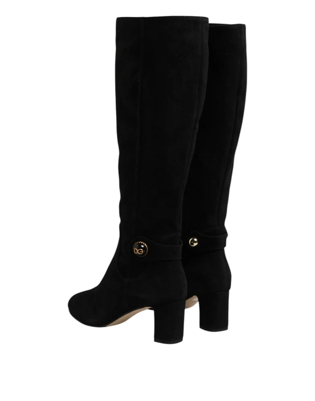 Bottes noires en cuir suédé dolce gabbana montantes genoux avec talon épais et bouton logo dg doré