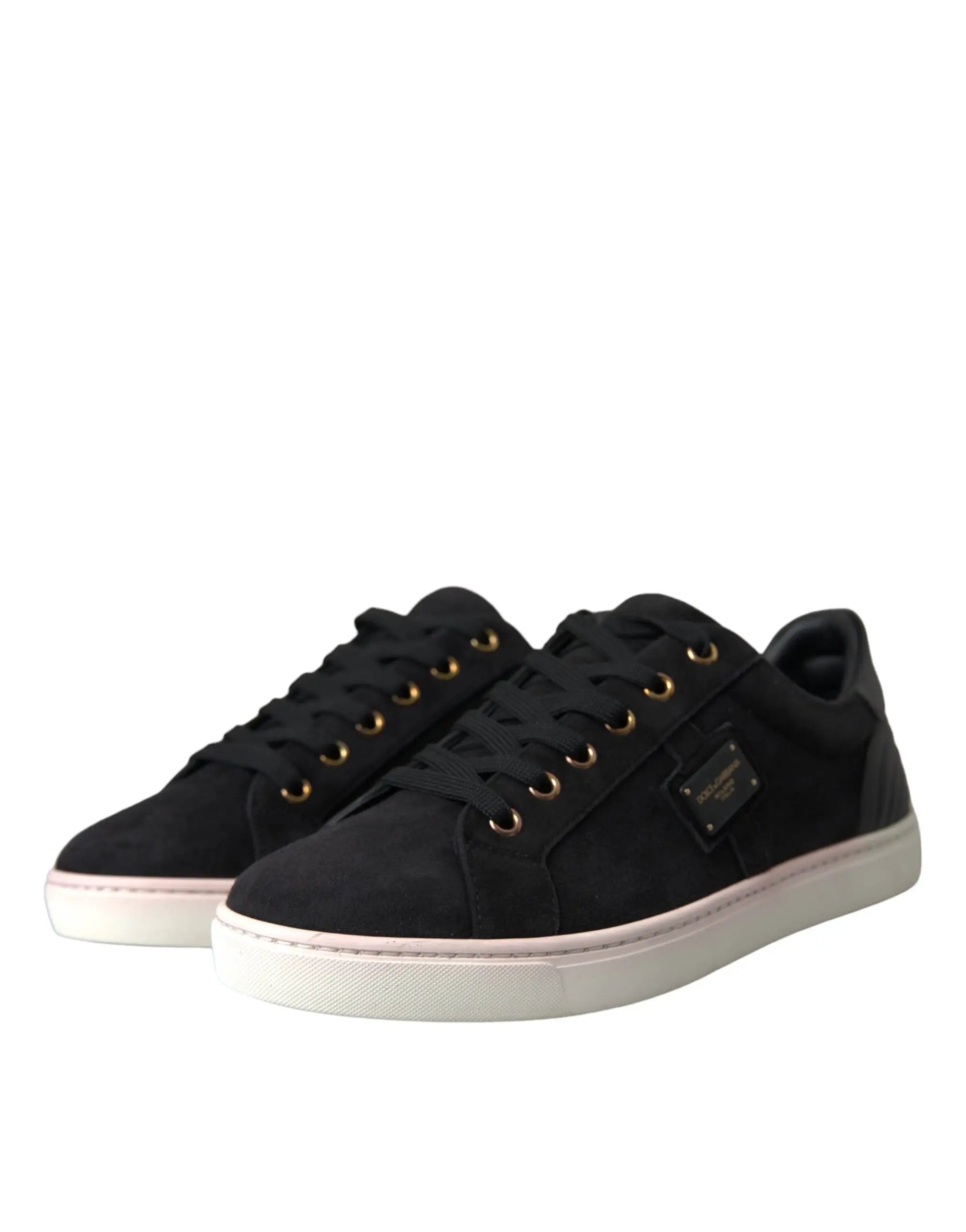 Dolce & gabbana baskets basses homme en cuir suédé noirs avec oeillets dorés et semelle blanche à ligne rose