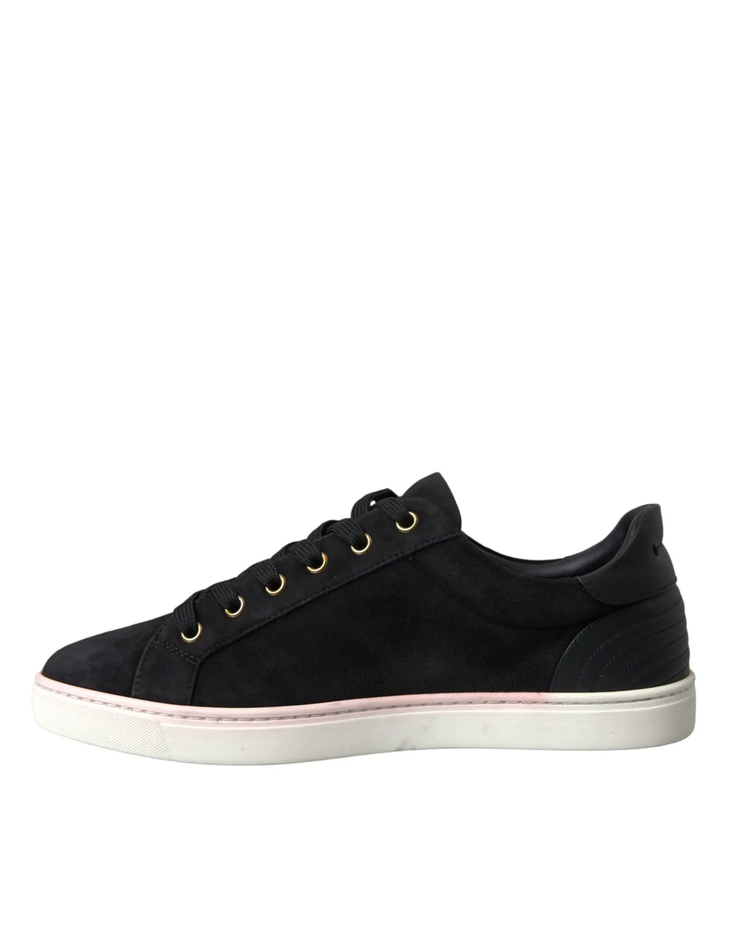 Dolce & gabbana baskets basses homme en cuir suédé noir avec oeillets dorés et semelle blanche à bande rose