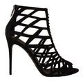 Dolce & gabbana black suede stiletto heels bette sandals with geometric lattice design and slender high heel