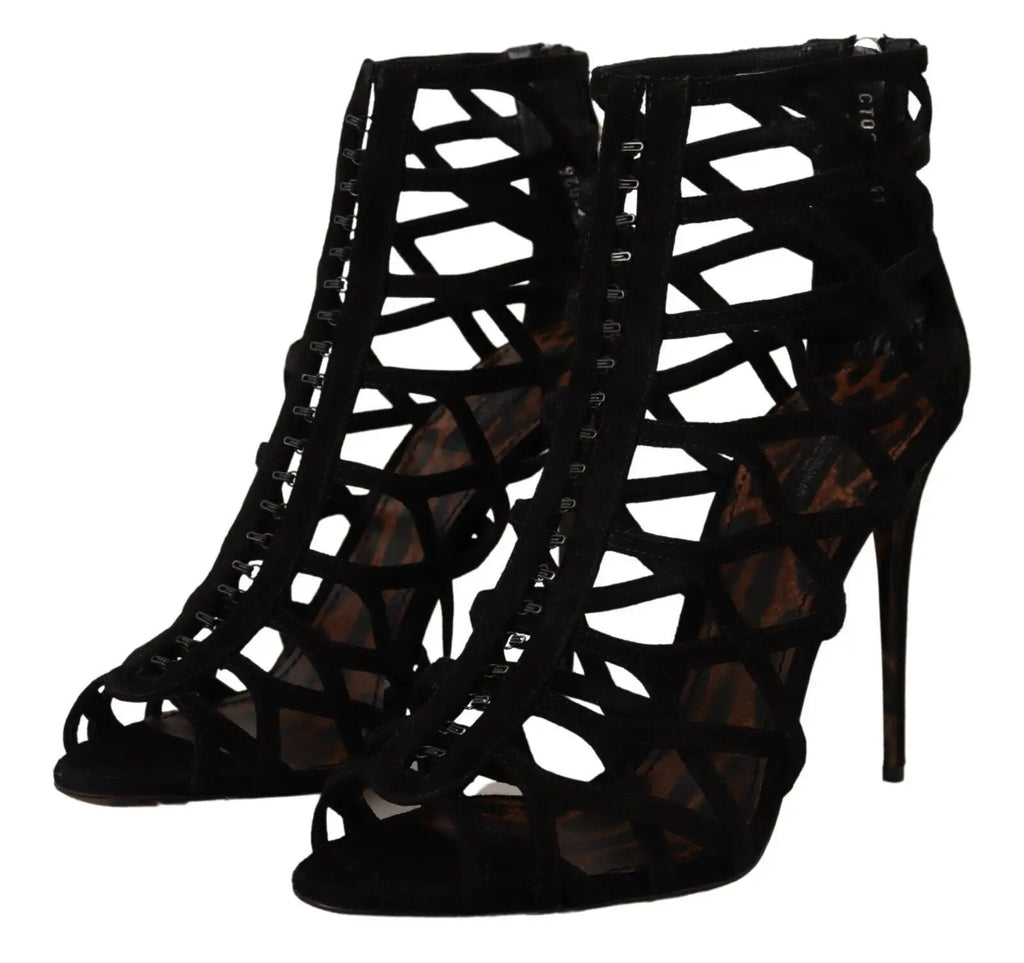 Dolce & gabbana bottines à talons aiguilles en daim noir avec laçage, découpes géométriques et œillets métalliques