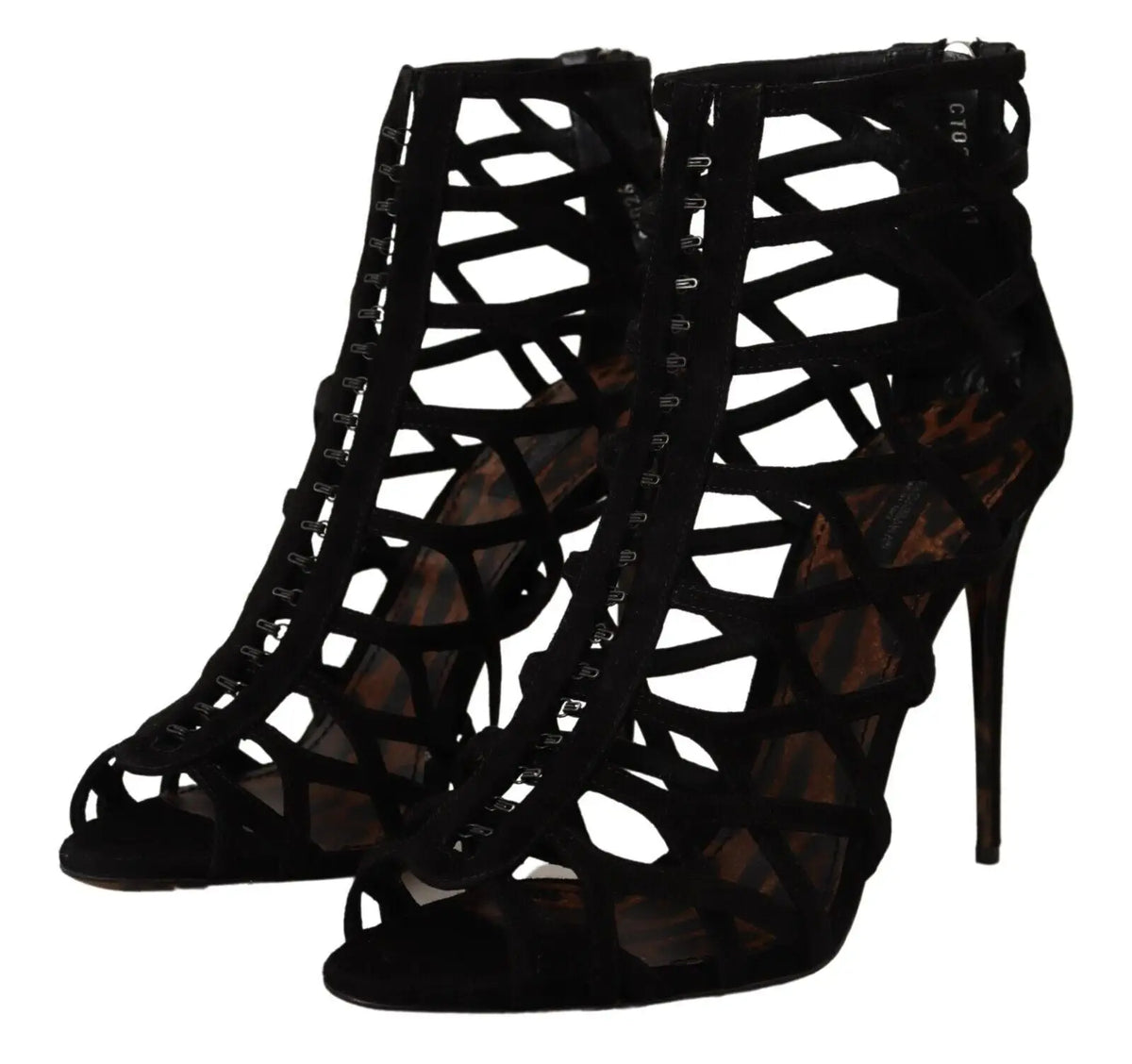 Dolce & gabbana bottines à talons aiguilles en daim noir avec laçage, découpes géométriques et œillets métalliques