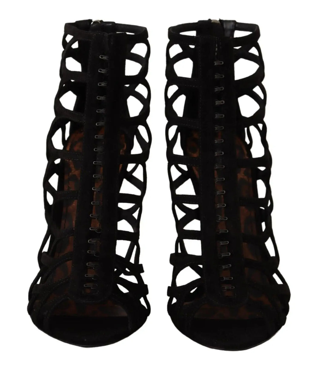Dolce & gabbana bottines à talons aiguilles en daim noir avec laçage croisé et semelle intérieure imprimé léopard