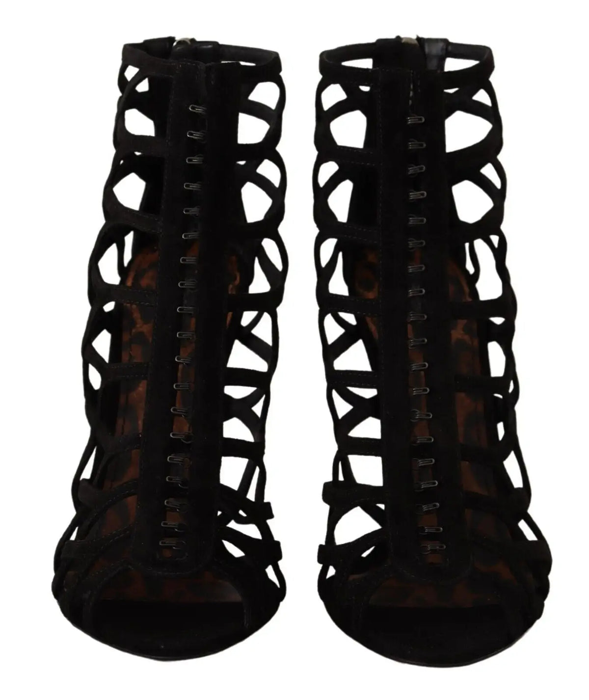 Dolce & gabbana bottines à talons aiguilles en daim noir avec laçage croisé et semelle intérieure imprimé léopard
