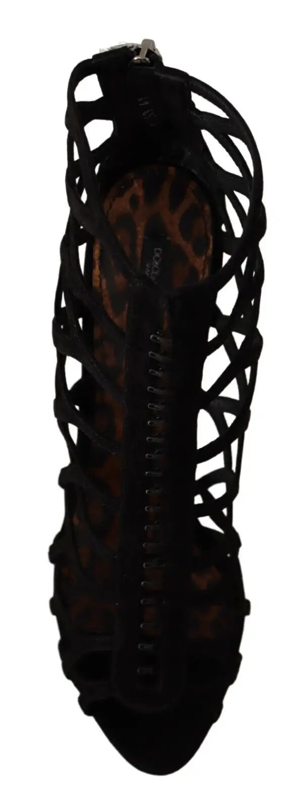 Dolce & gabbana talons stilettos bette noirs en suède avec sandales à lacets, semelle imprimé léopard et fermeture éclair arrière vue de dos