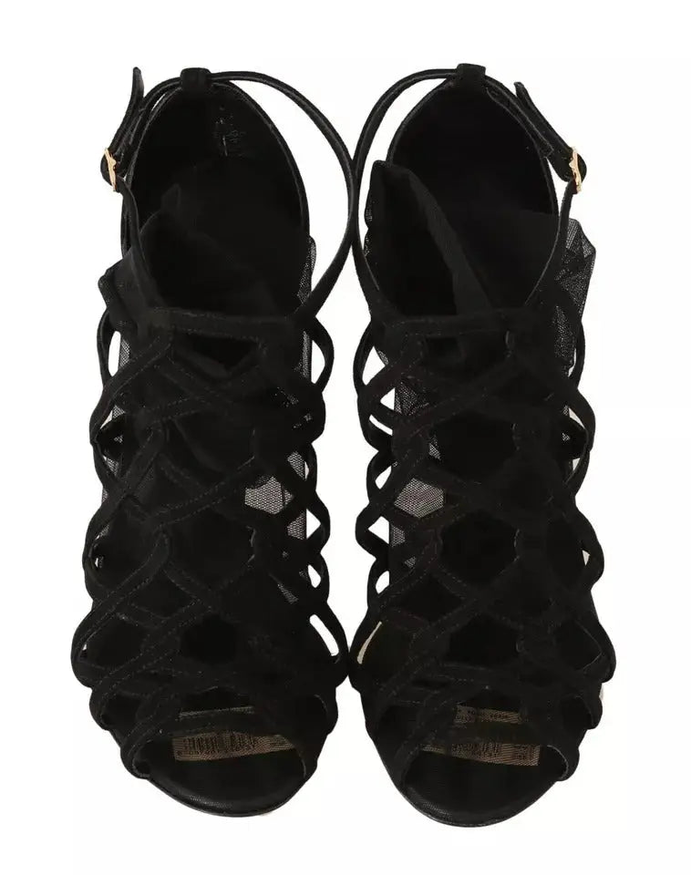 Dolce & gabbana black suede stilettos with strappy crisscross lace-up design and gold-tone buckle accents