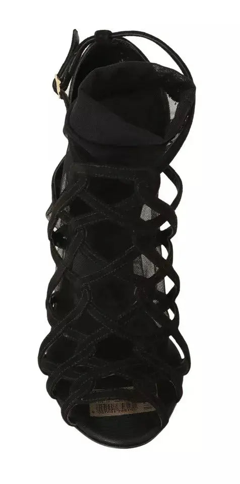Dolce & gabbana sandales noires en daim à talons aiguilles avec lanières croisées et boucle dorée