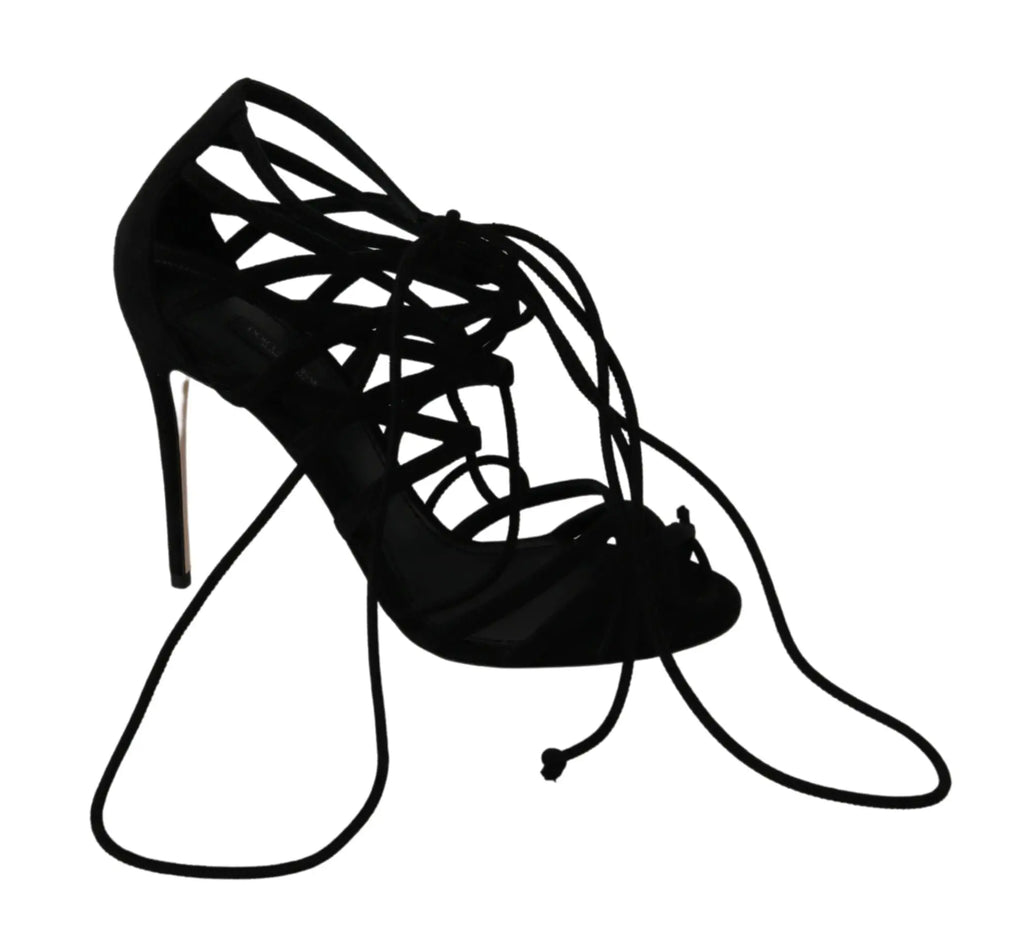 Dolce & gabbana sandales à talons stilettos noirs en daim avec lacets complexes et talon aigu slender