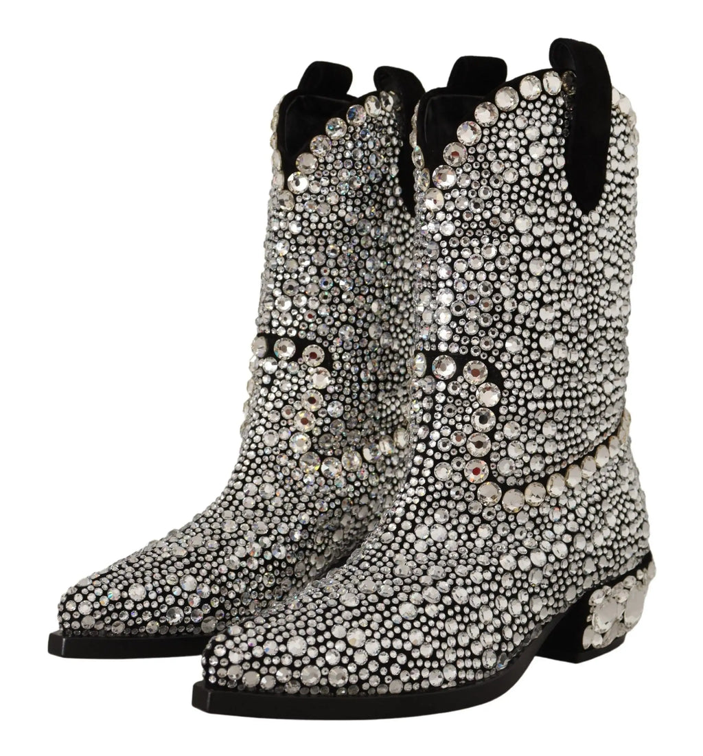 Bottes cowgirl dolce & gabbana en daim noir strass avec clous argentés et talon bloc bas en cuir noir
