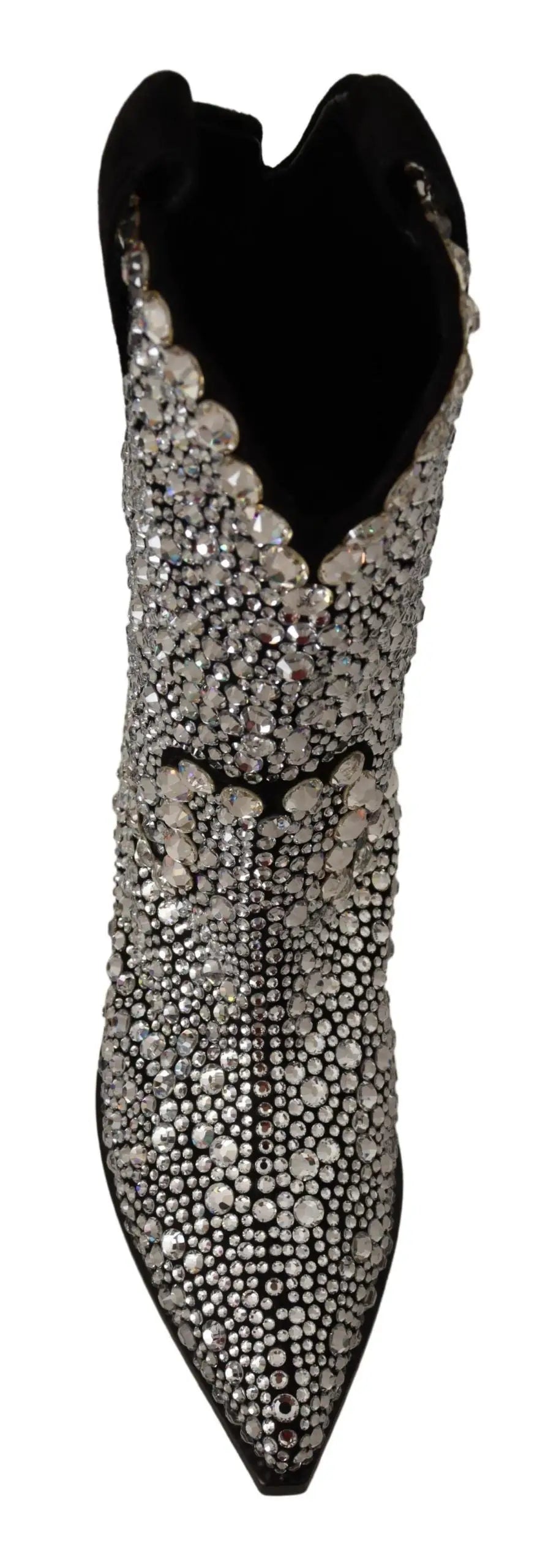 Botte de cowgirl noire en daim dolce & gabbana avec ornements en strass cristal argenté sur la tige et le bout