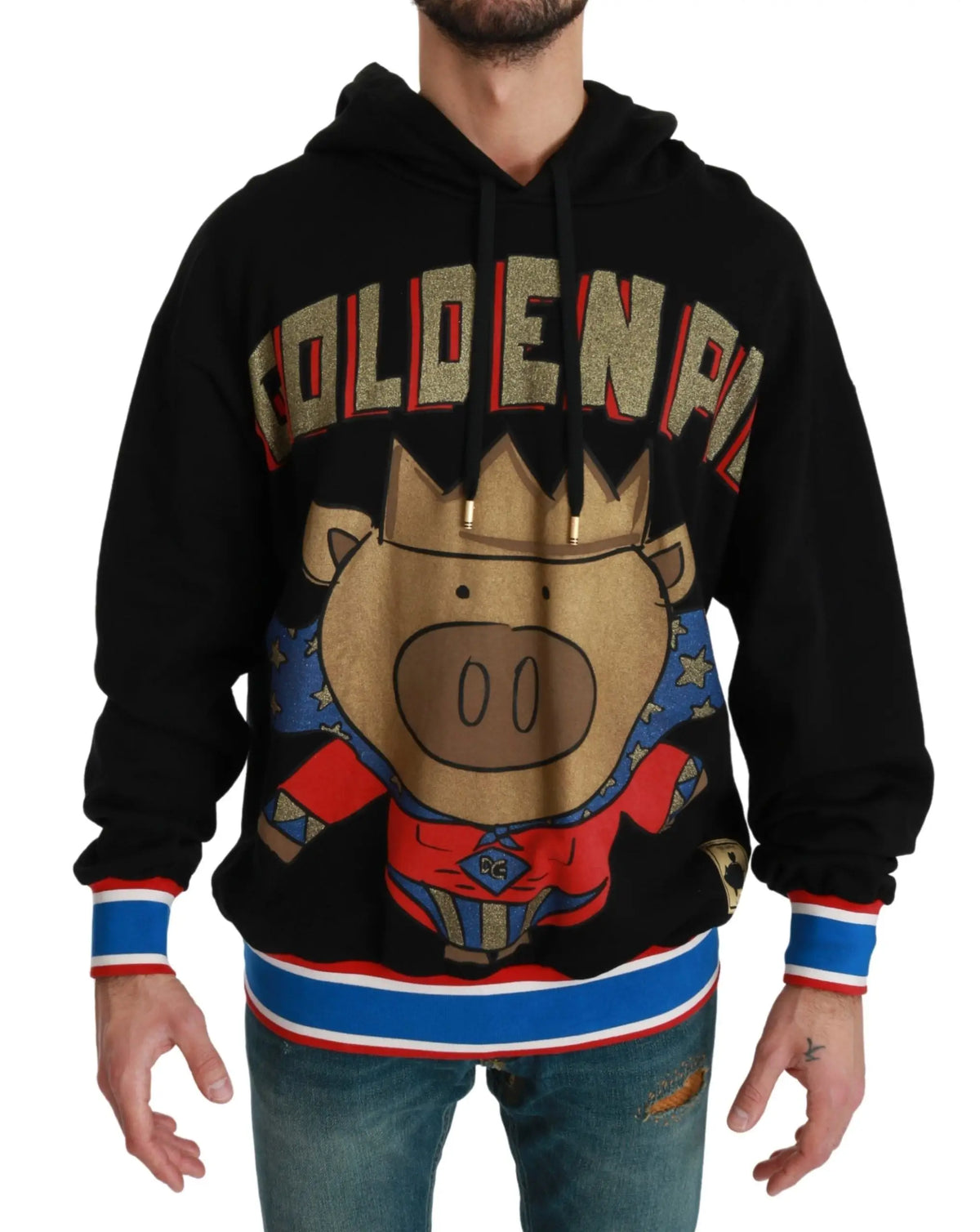 Sweat à capuche noir dolce & gabbana avec graphisme doré pailleté et cochon rouge roi super-héros