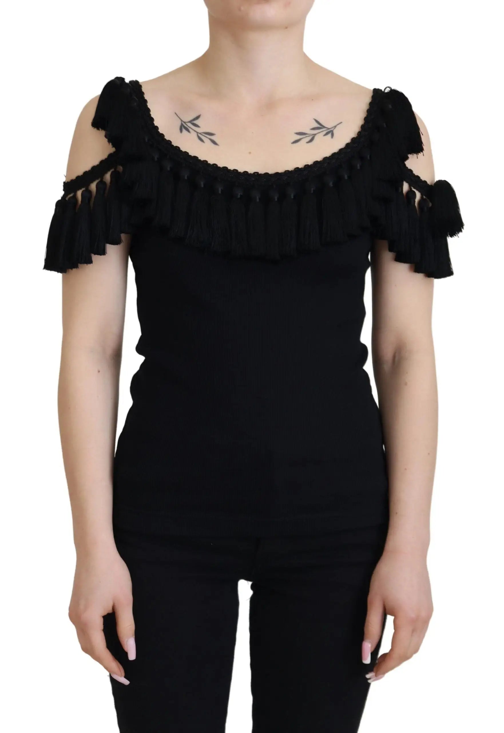 Dolce & Gabbana blouse noire en coton avec épaules dénudées, manches à volants à franges et broderie feuille au col