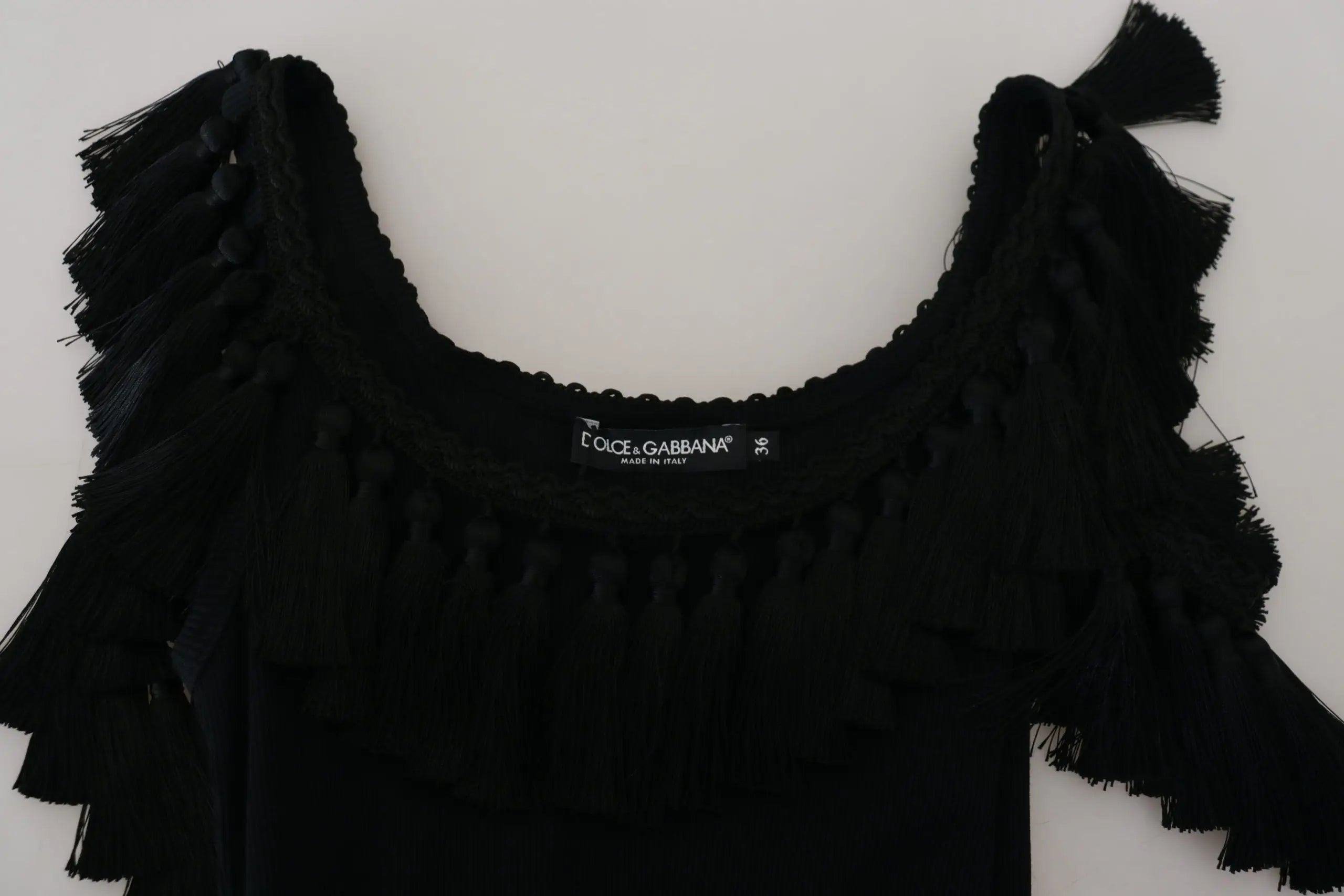 Dolce & Gabbana blouse noire en coton avec bretelles et détails frangés et volantés aux épaules