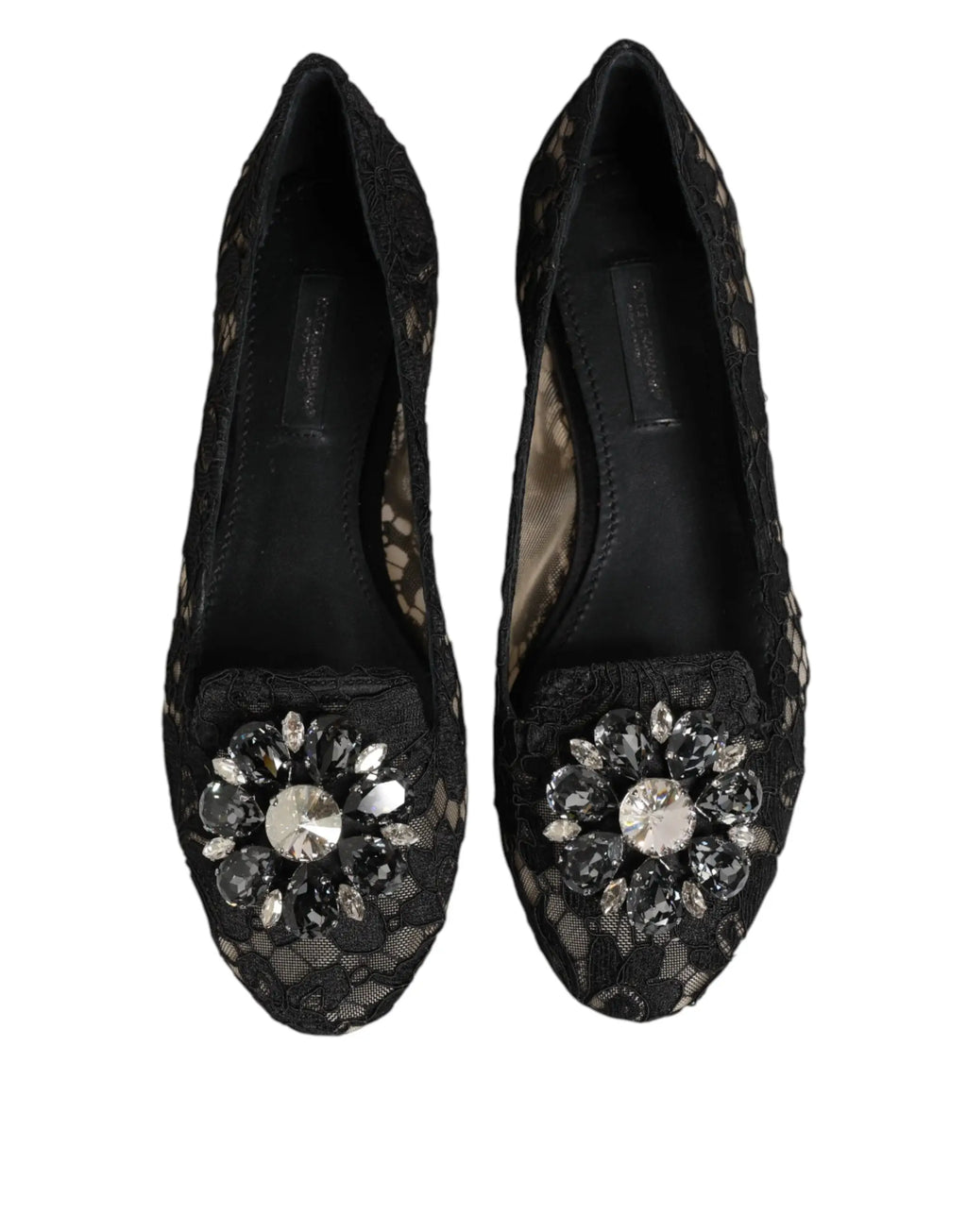 Dolce & gabbana black taormina lace flats with sparkling crystal flower embellishment on the toe
