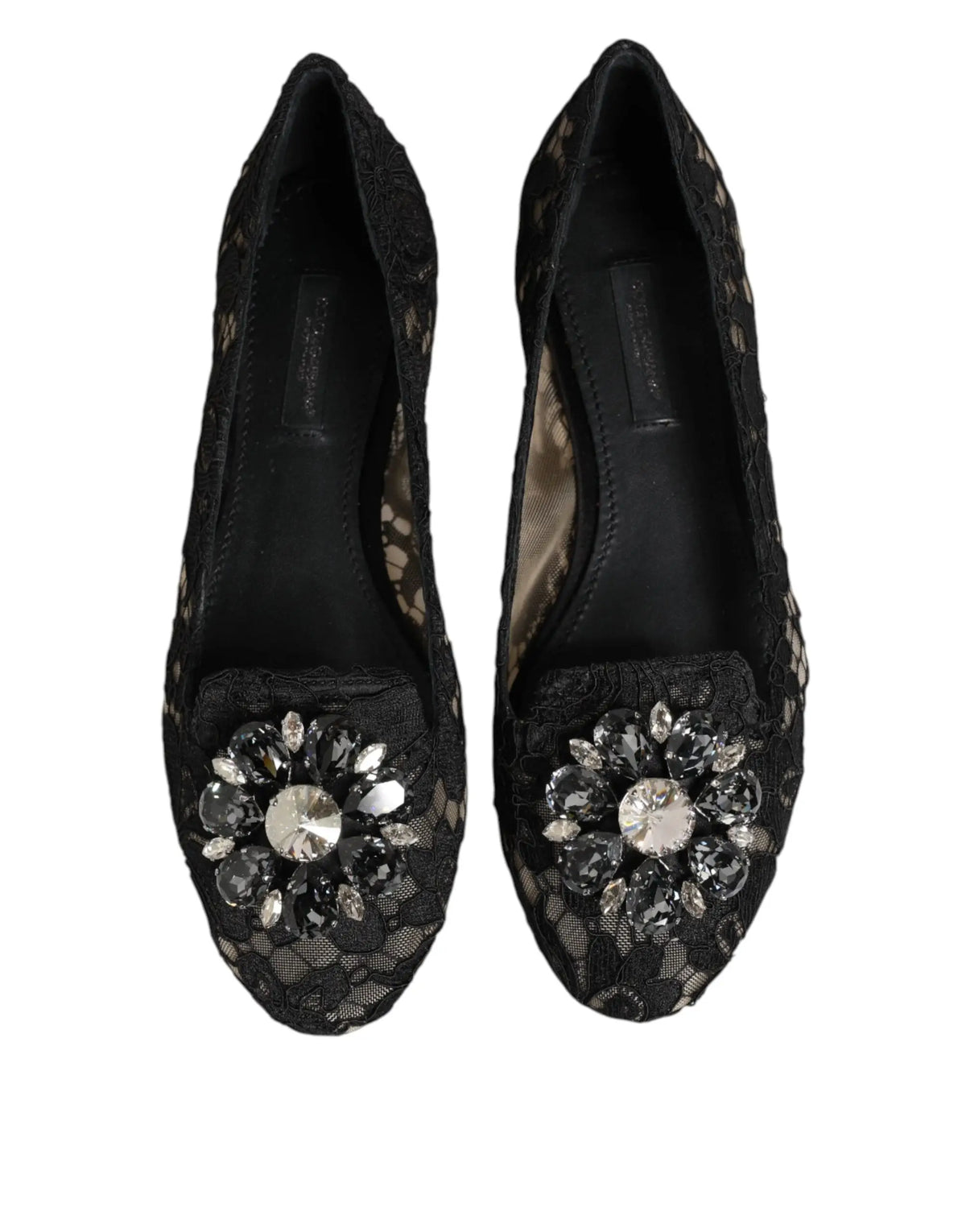 Dolce & gabbana black taormina lace flats with sparkling crystal flower embellishment on the toe