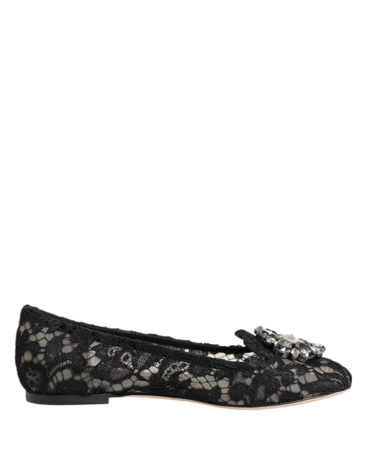 Dolce & gabbana chaussures plates taormina noires en dentelle avec ornement en cristal au bout