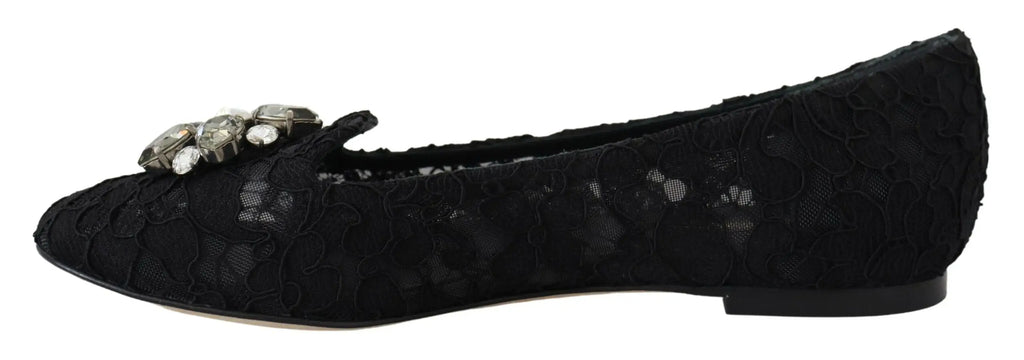 Chaussure plate dolce & gabbana noire en dentelle taormina avec ornement cristal décoratif sur le bout