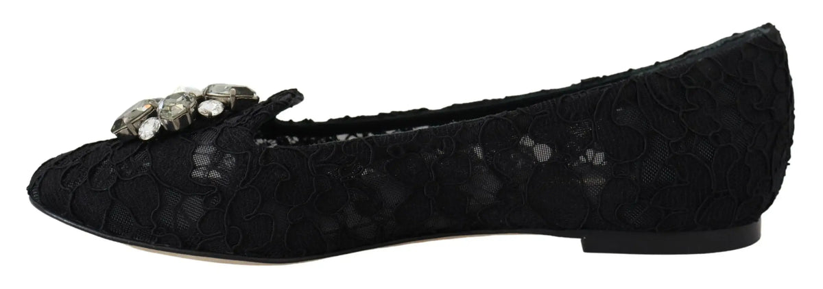 Chaussure plate dolce & gabbana noire en dentelle taormina avec ornement cristal décoratif sur le bout