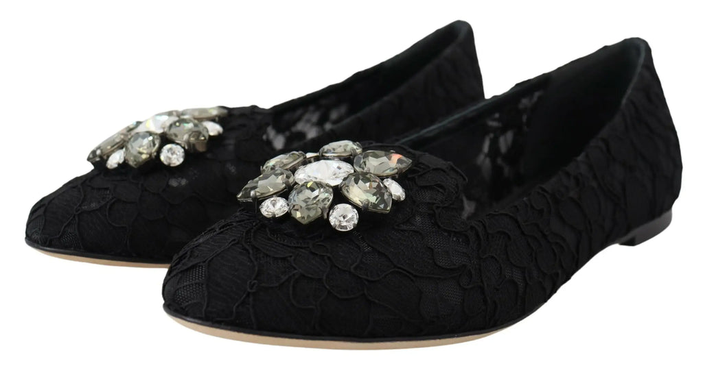 Dolce & gabbana black taormina lace flats adorned with clear and silver-toned crystal cluster
