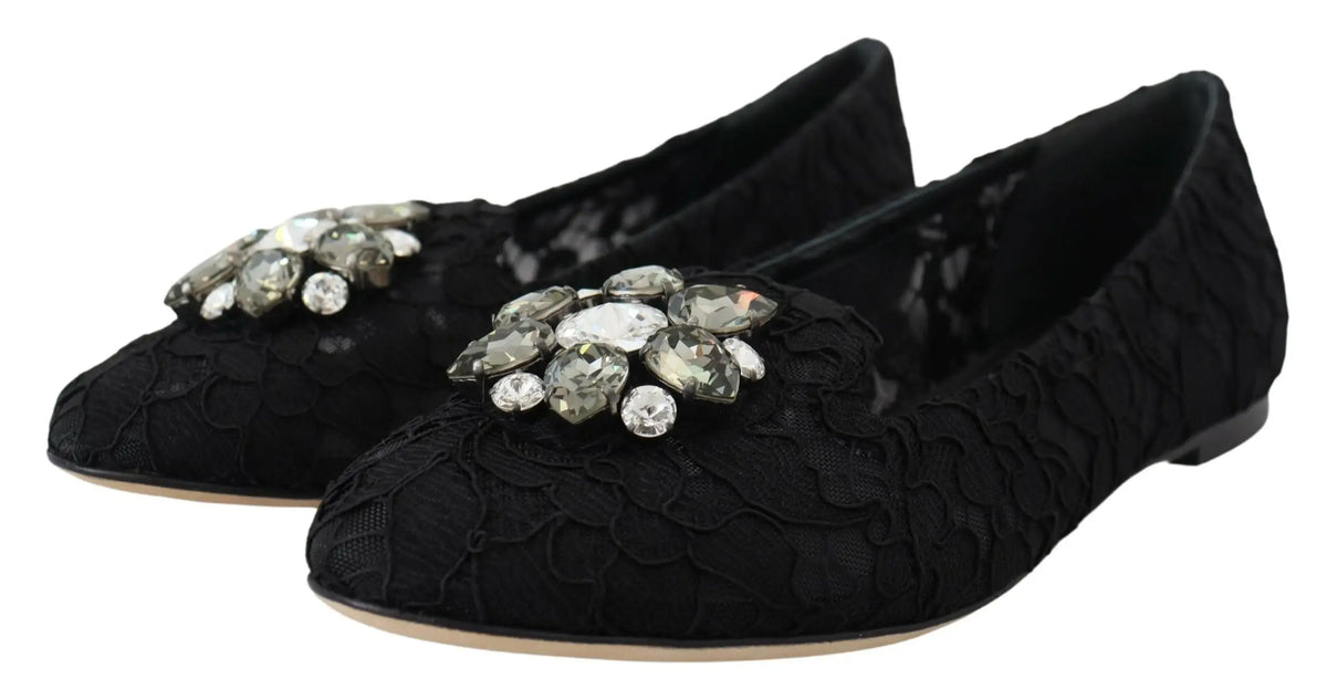 Dolce & gabbana black taormina lace flats adorned with clear and silver-toned crystal cluster