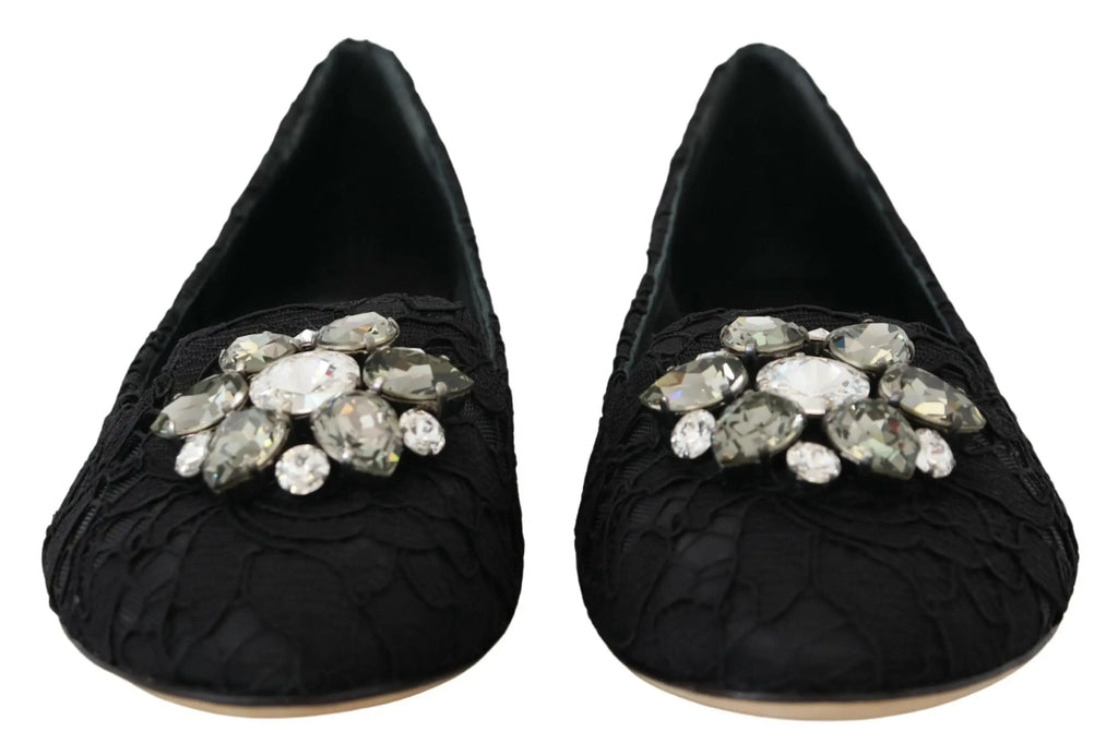Dolce & gabbana black taormina lace satin flats shoes with clear and grayish crystal cluster embellishments