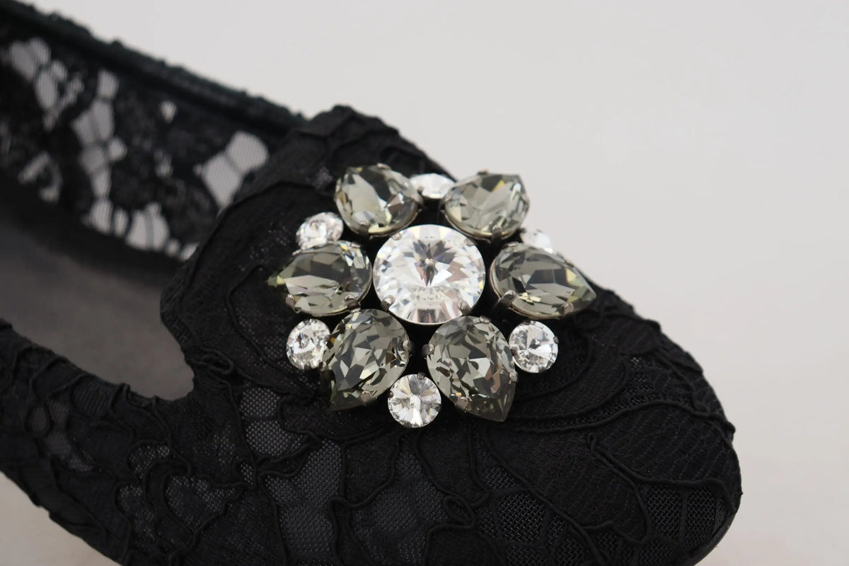 Dolce & gabbana chaussures plates taormina en dentelle noire ornées d’un groupe étincelant de cristaux clairs et gris