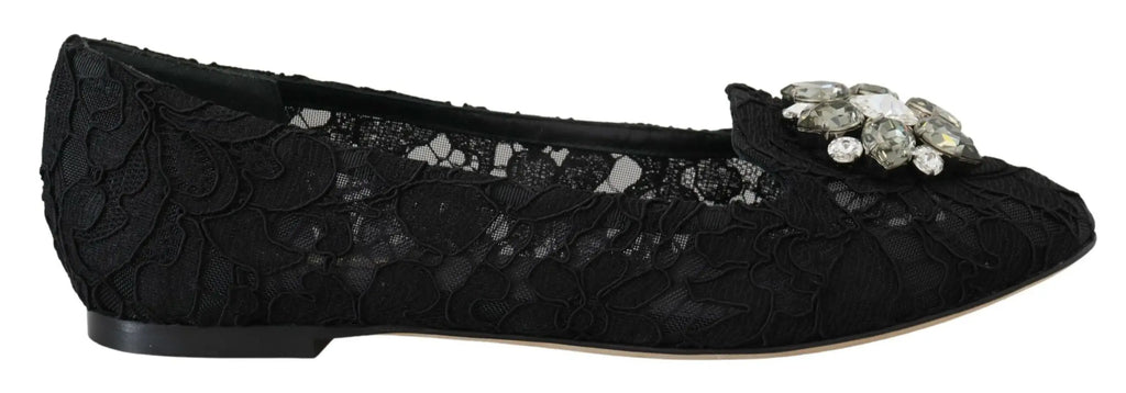 Dolce & gabbana chaussures plates taormina en dentelle noire ornées d’un cluster de cristaux clairs et argentés