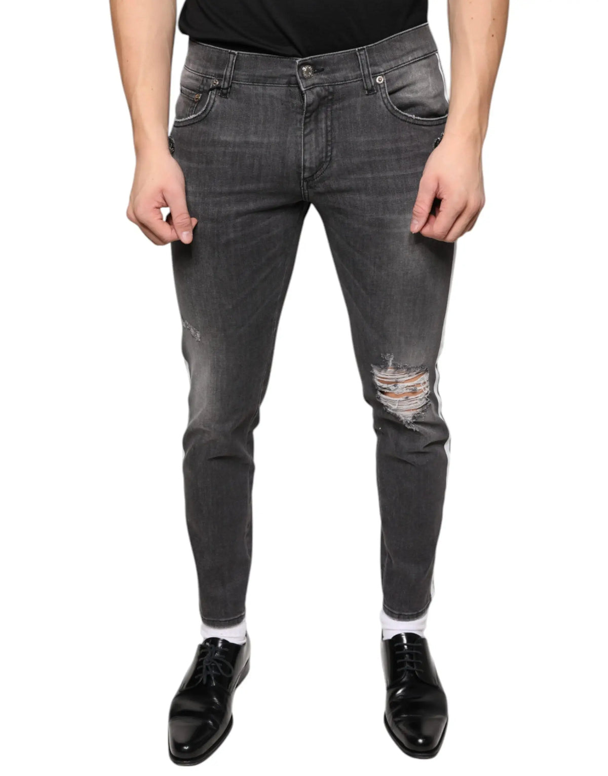 Jeans skinny homme en coton délavé noir dolce & gabbana avec déchirures aux genoux et effet usé