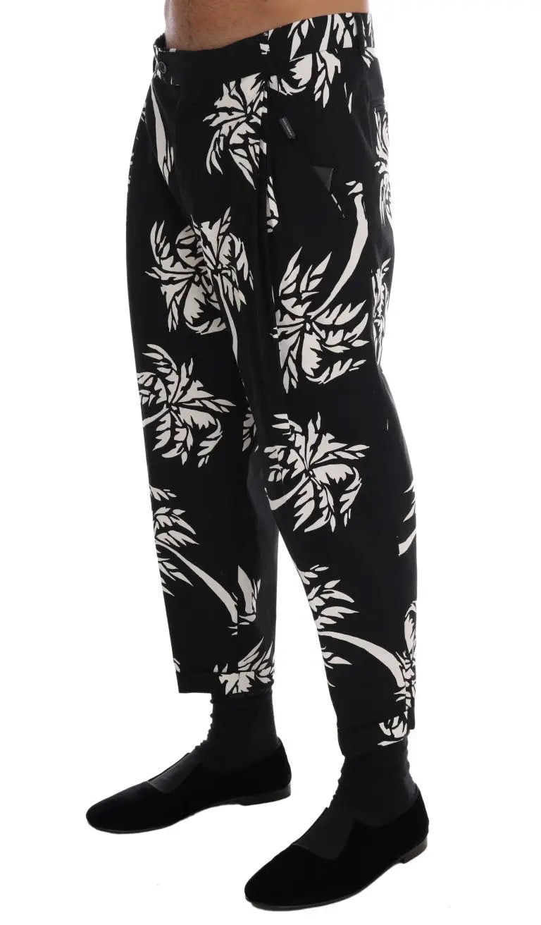 Pantalon dolce & gabbana noir en coton stretch avec imprimé tropical blanc et taille à cordon