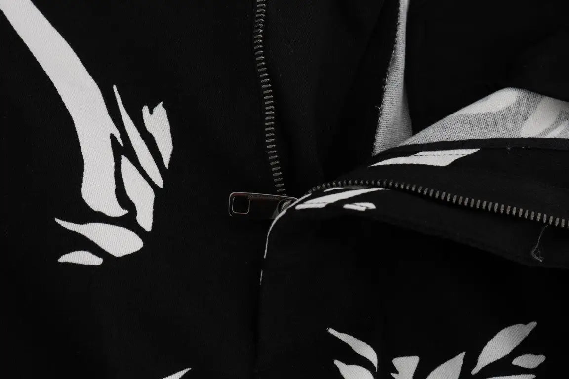 Veste noire dolce & gabbana avec motifs feuille abstraits blancs et fermeture éclair argentée