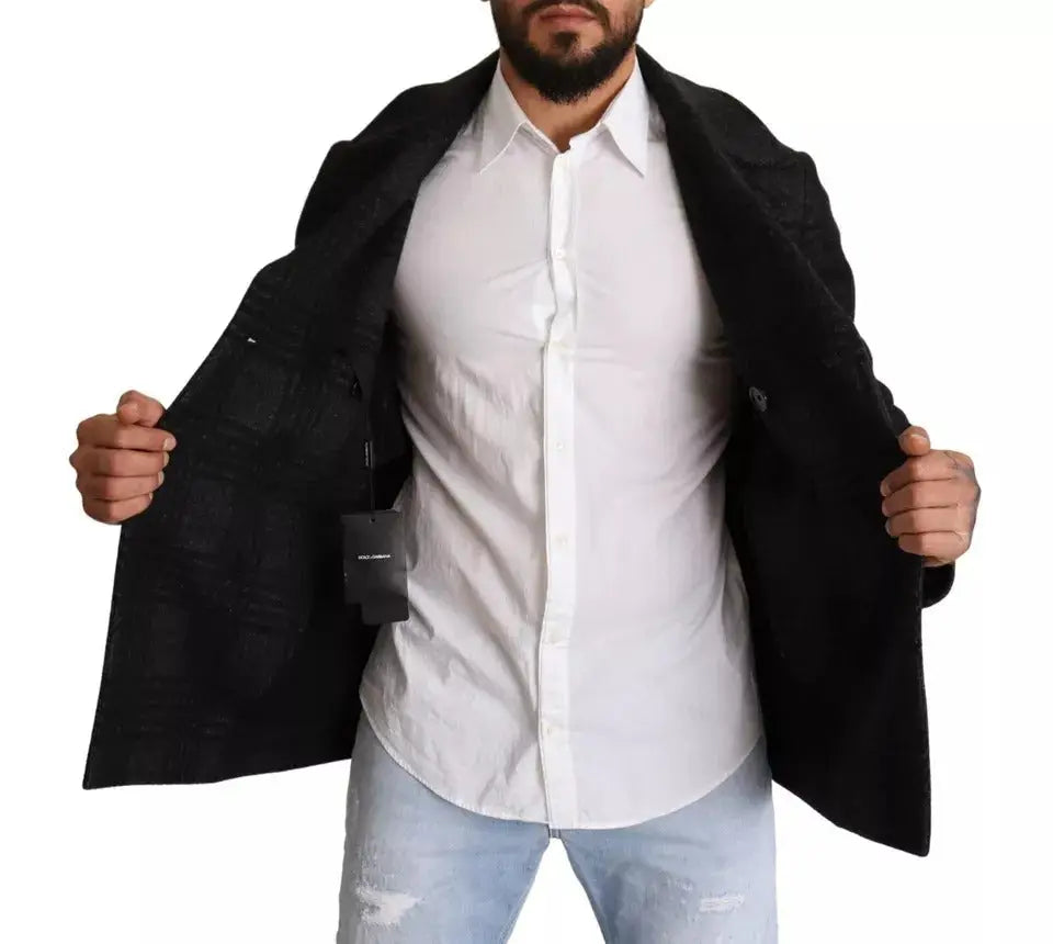 Veste en laine à carreaux dolce & gabbana noire avec motif texturé subtil et style trench coat