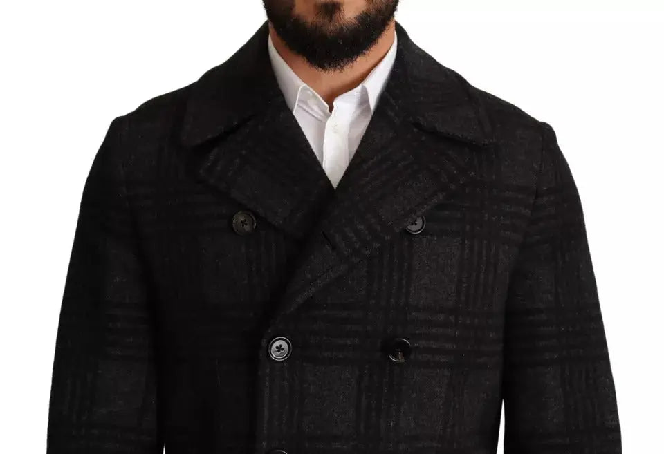 Dolce & gabbana manteau trench noir en laine à carreaux avec boutonnage double rangée et boutons foncés