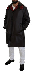 Dolce & gabbana veste parka trench noire en cuir avec doublure rouge et clous argentés décoratifs au col