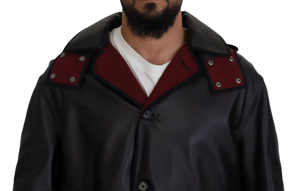 Dolce & gabbana black leather coat with red collar and shoulder patches accented by silver buttons