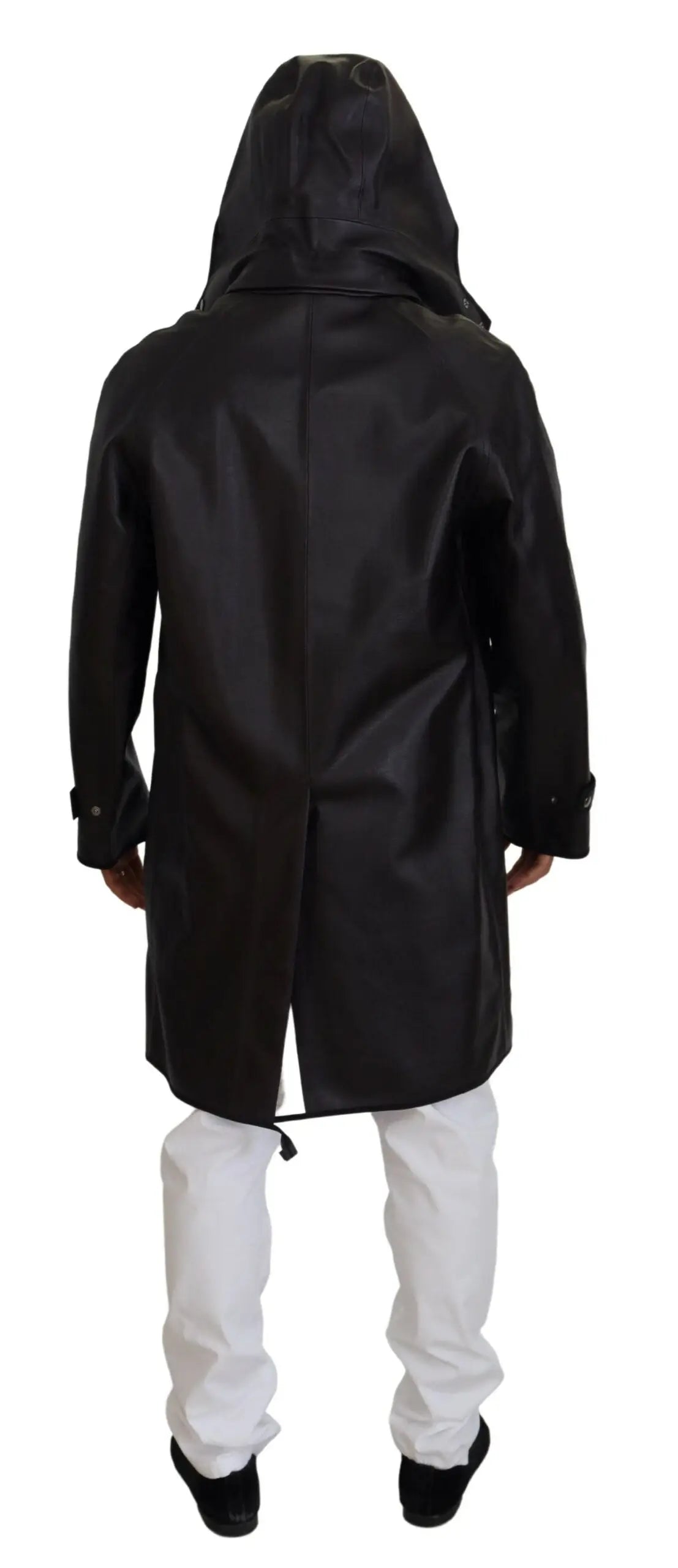 Manteau trench à capuche noir dolce & gabbana en coton avec finition cuir brillant et poignets ajustables
