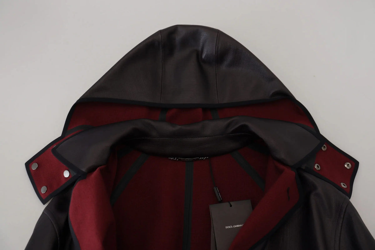 Dolce & gabbana black trench hooded parka coton veste en cuir avec doublure rouge contrastée et boutons pression argentés