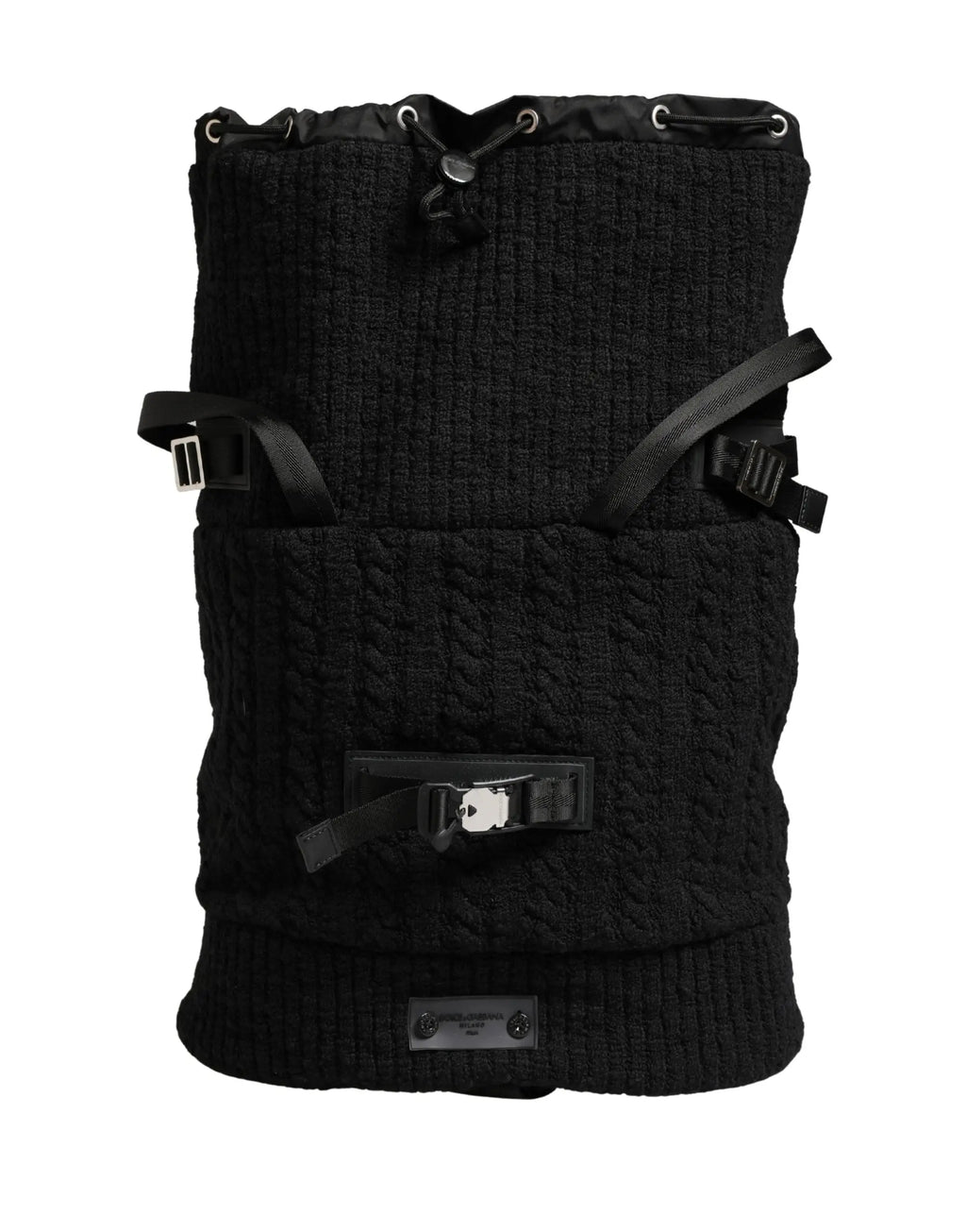 Sac à dos fourre-tout en laine mélangée noire Dolce & Gabbana tricot texturé avec sangles ajustables et boucles métalliques