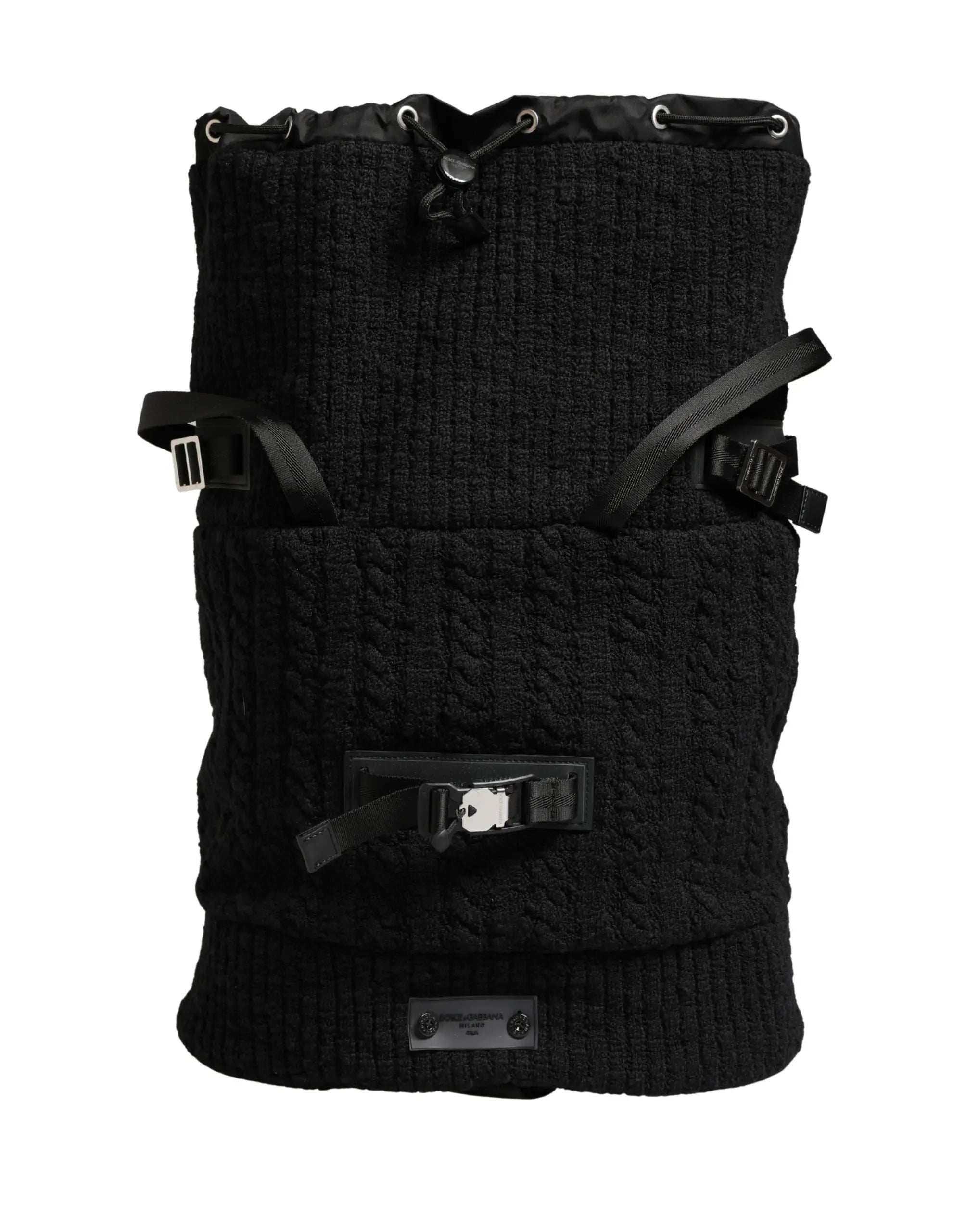 Sac à dos fourre-tout en laine mélangée noire Dolce & Gabbana tricot texturé avec sangles ajustables et boucles métalliques