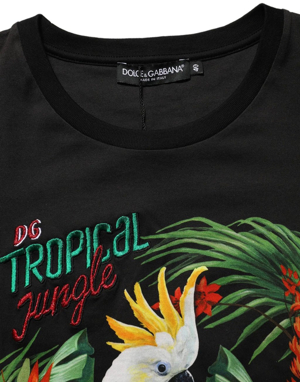 T-shirt noir dolce & gabbana en coton avec imprimé jungle tropicale vibrant et perroquet blanc brodé