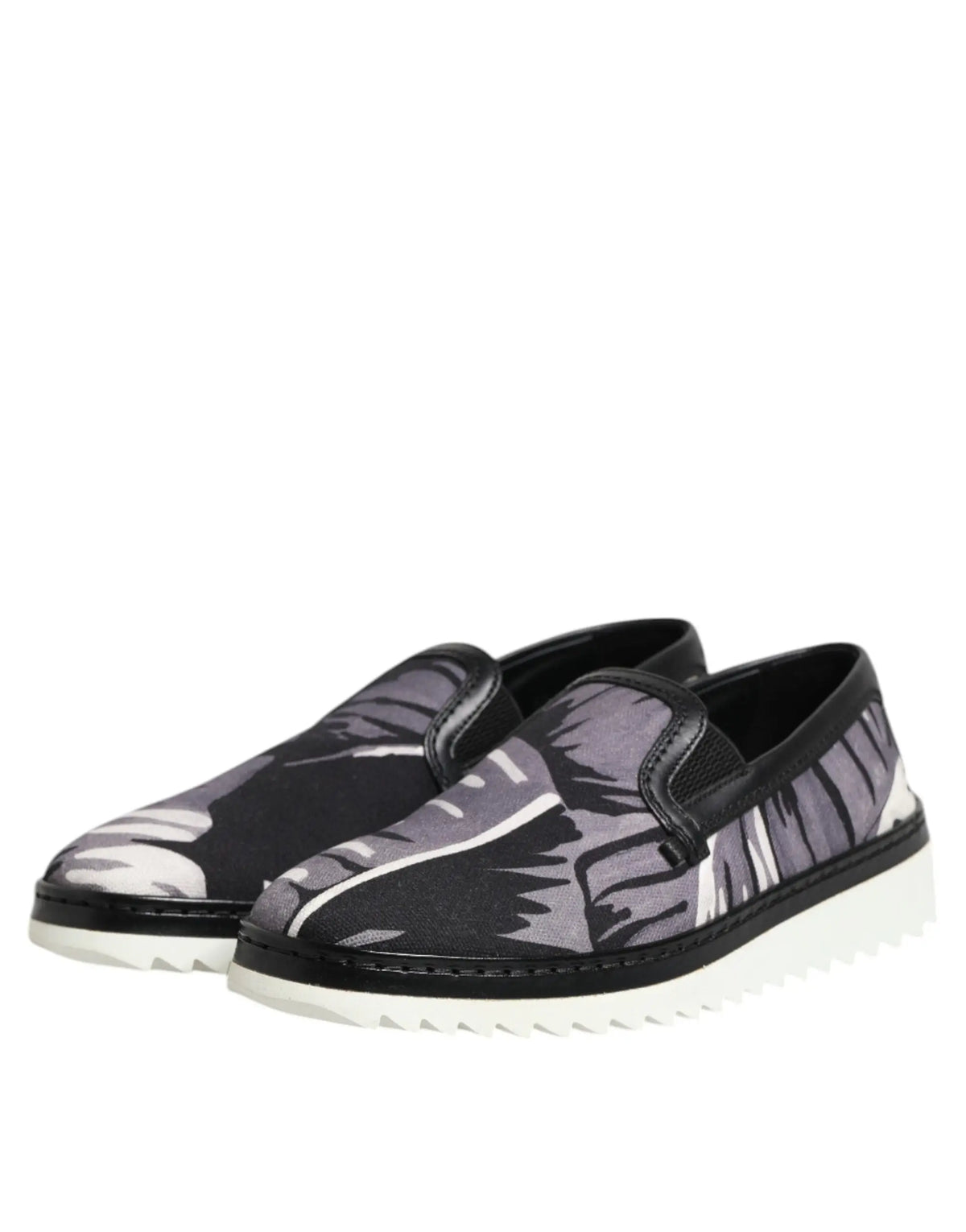 Dolce & Gabbana black tropical slip on men sneakers with black and gray leaf pattern and white textured sole