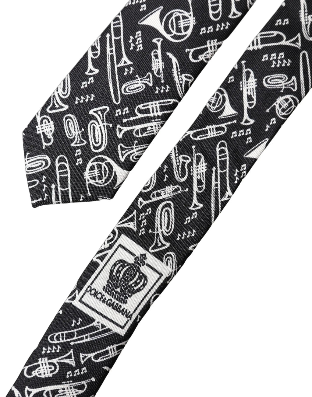 Cravate noire en soie dolce & gabbana ajustable avec motif blanc d’instruments de musique et logo en carré