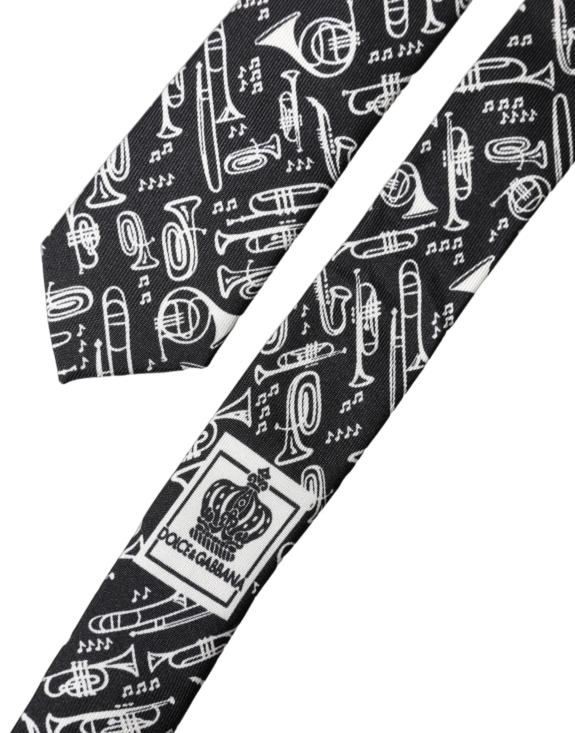 Cravate noire en soie dolce & gabbana ajustable avec motif blanc d’instruments de musique et logo en carré