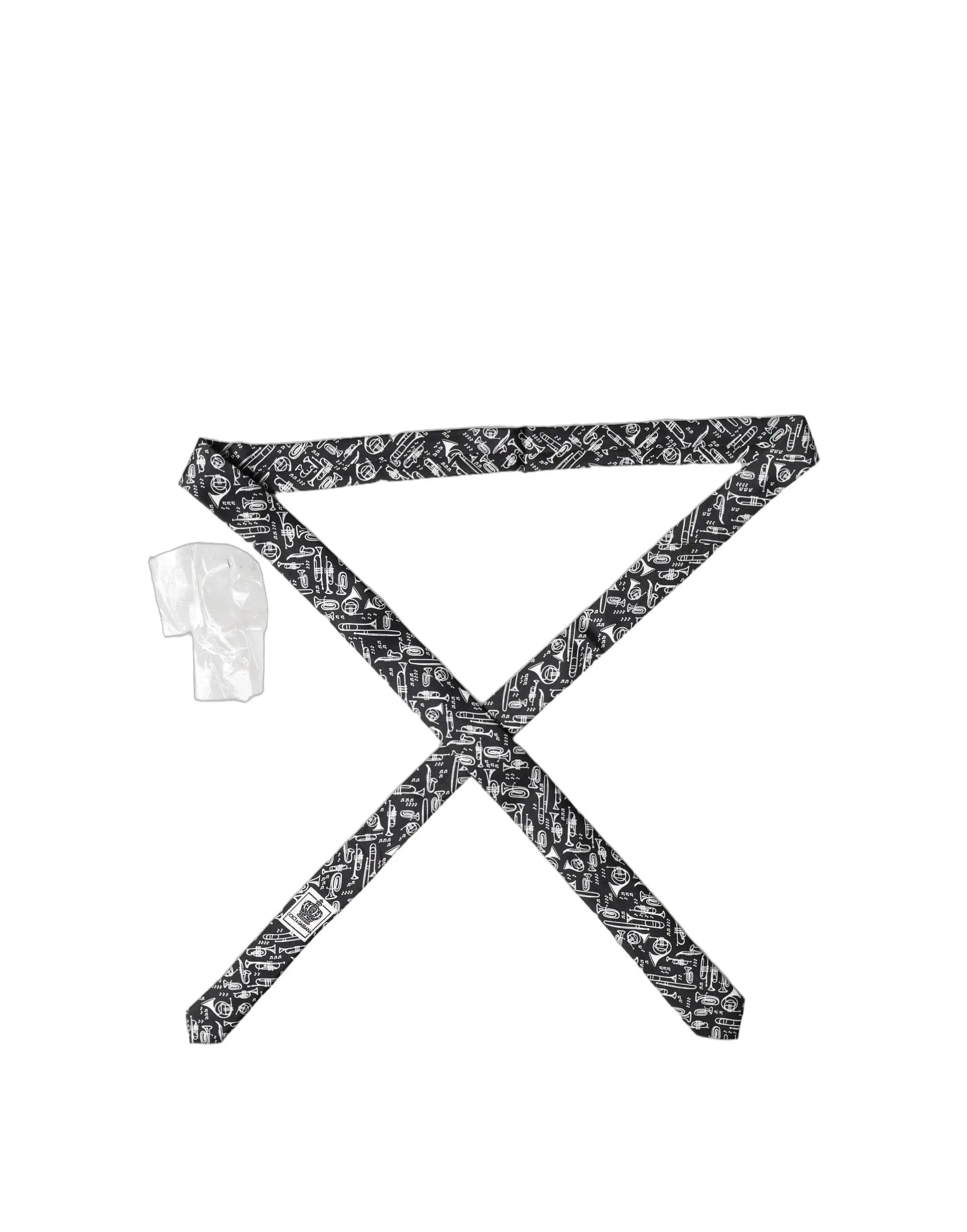 Cravate dolce & gabbana en soie noire avec motif trompette vintage en noir et blanc réglable pour homme