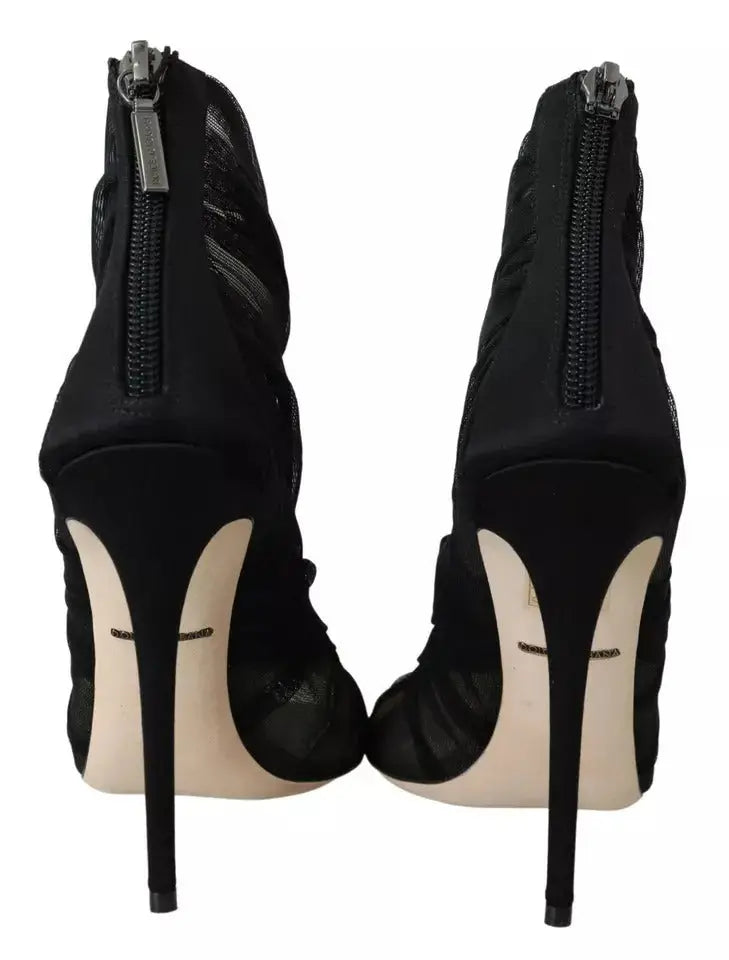 Dolce & gabbana bottines noires en tulle avec talons aiguilles et fermeture éclair en mesh transparent sur les côtés