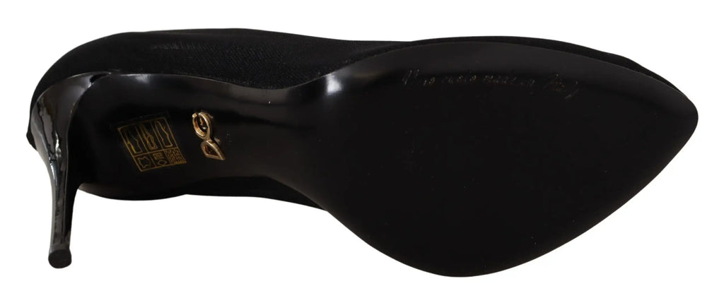 Dolce & Gabbana black tulle stretch boots pumps en cuir verni noir avec logo doré sur la semelle visible par l arrière