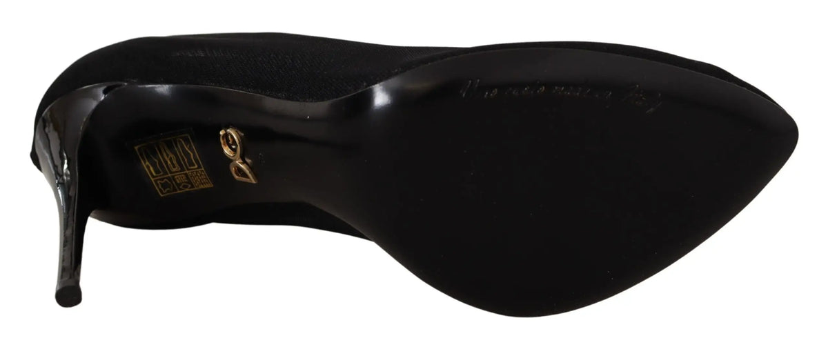 Dolce & Gabbana black tulle stretch boots pumps en cuir verni noir avec logo doré sur la semelle visible par l arrière